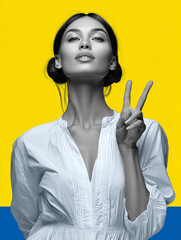 Stylized propaganda poster of woman resembling Svyrydenko, blue-yellow colors, victory gesture 