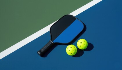 Pickleball paddle with neon balls on colorful court, concept of modern sport, fitness and recreation