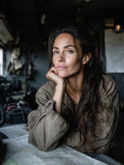 Woman sitting at a military command table, maps and radios around, focused and calm expression, cinematic look 
