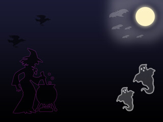 Halloween illustration with dark gradient background, full moon with bats, ghosts, a witch mixing a potion, and black crow silhouettes above her.
