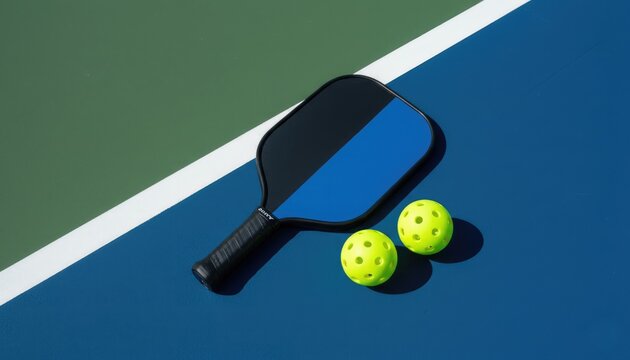 Pickleball paddle with neon balls on colorful court, concept of modern sport, fitness and recreation