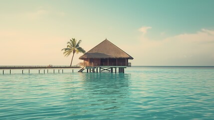 Enjoying serene moments at a tropical overwater bungalow in calm ocean waters during a sunny day Generative AI