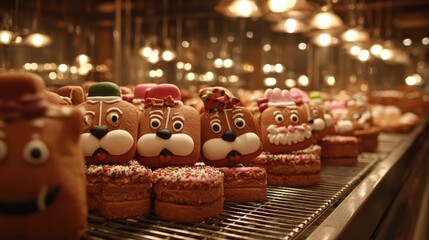 Colorful decorative cookies with expressive faces in a warm bakery setting