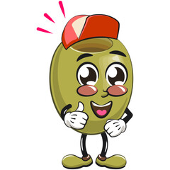 cute green olive mascot cartoon character isolated vector illustration wearing a baseball cap while giving a thumbs up, work of hand drawn
