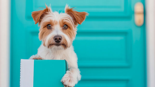 Sweet small furry dog with white and tan markings, holding onto teal box and looking intently at viewer against vibrant teal door