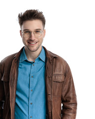 Fototapeta premium cutout portrait of blonde young man with glasses wearing autumn jacket