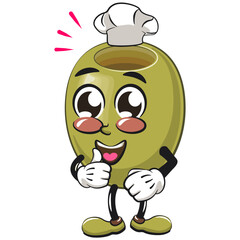 cute green olive mascot cartoon character isolated vector illustration as chef give thumbs up, work of hand drawn