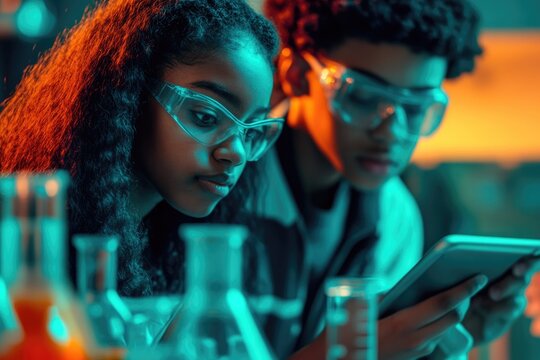 Young diverse scientists in safety goggles observe an experiment, using a tablet amidst vibrant laboratory equipment, symbolizing modern STEM education and discovery.