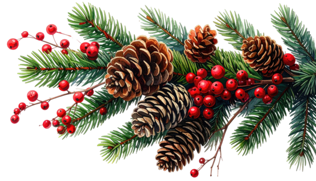 Festive Christmas garland with pine branches pinecones and red berries decoration.