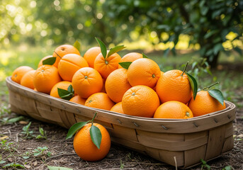 Large wooden container filled with oranges placed in orchard after sunny harvest day