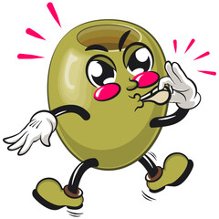 cute green olive mascot cartoon character isolated vector illustration blowing the whistle, work of hand drawn