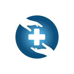 Medical healthcare logo design vector cross symbol and hand icon illustration