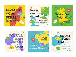 Banner templates promoting further education through engaging online courses and special student discounts