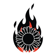 Sunflower surrounded by black flames graphic illustration on white background