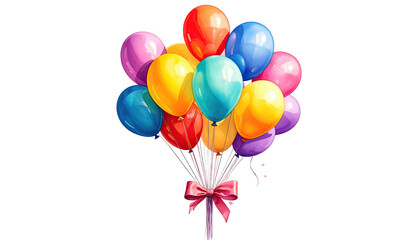 A vibrant cluster of colorful balloons floating together tied with a festive red bow.