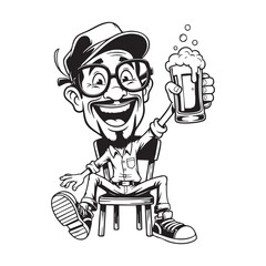 Funny Man with Glasses and Mustache Sitting and Cheering with Beer Mug - Cartoon Illustration
