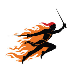 Warrior woman wielding swords with fire and flame silhouette vector