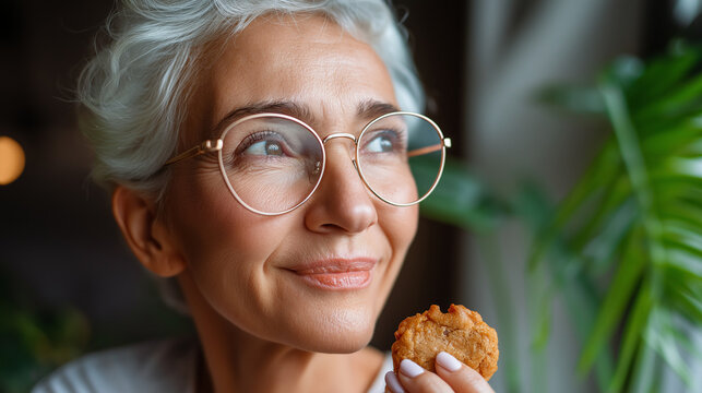 Happy senior woman in eyeglasses looking away and eating cookie while confidently sharing recipe on her blog, under gentle ambient light, showcasing proud expression and modern tec