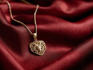 Golden pendant with heart shape on red velvet, representing Venus and Taurus zodiac — love, sensuality, and the essence of earthly beauty.

