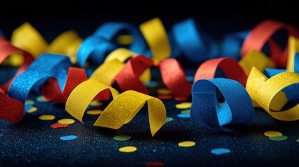 Colorful curled streamers and confetti on dark background perfect for celebrations and events