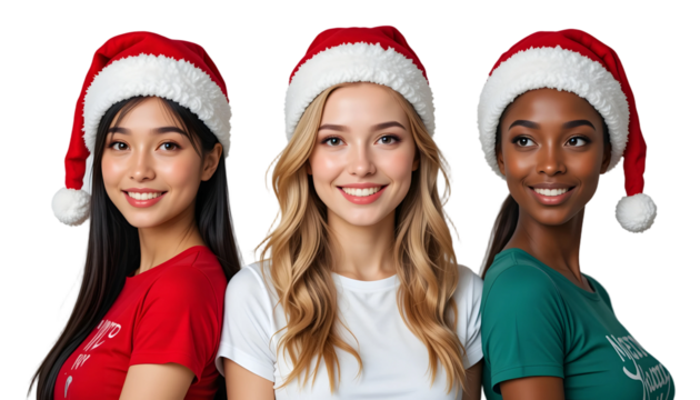 Diverse Women Christmas PNG – Transparent Background Three Smiling Women in Red, White & Green Shirts with Santa Hats