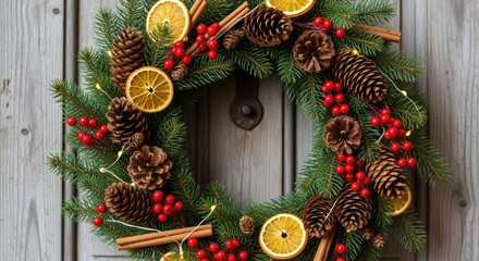 Festive evergreen Christmas wreath with dried oranges and cinnamon sticks on rustic wood background radiates holiday cheer