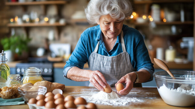 Confident old woman in apron breaking eggs into flour on kitchen island while creating sweets for online blog, under soft natural light, highlighting skilled hands and cozy setting