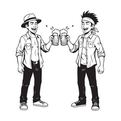 Two Happy Men Cheering with Beer Mugs - Friends Drinking Party Illustration