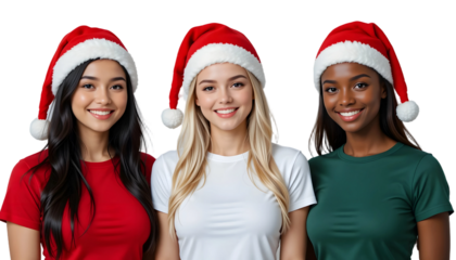 Diverse Women Christmas PNG – Transparent Background Three Smiling Women in Red, White & Green Shirts with Santa Hats, Christmas models