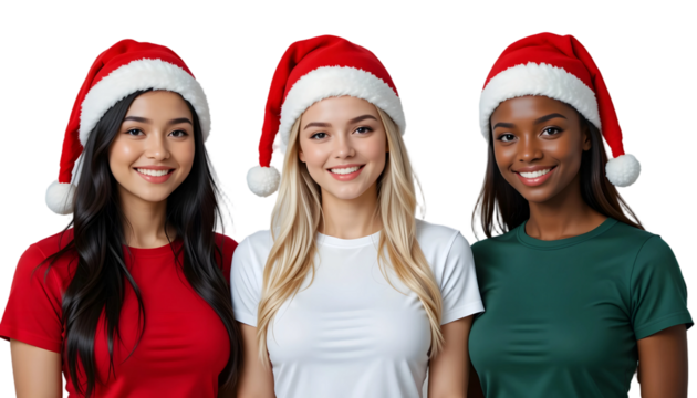 Diverse Women Christmas PNG – Transparent Background Three Smiling Women in Red, White & Green Shirts with Santa Hats, Christmas models - Powered by Adobe