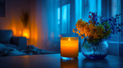 Warm Candlelight and Blue Ambience in Cozy Living Room Interior