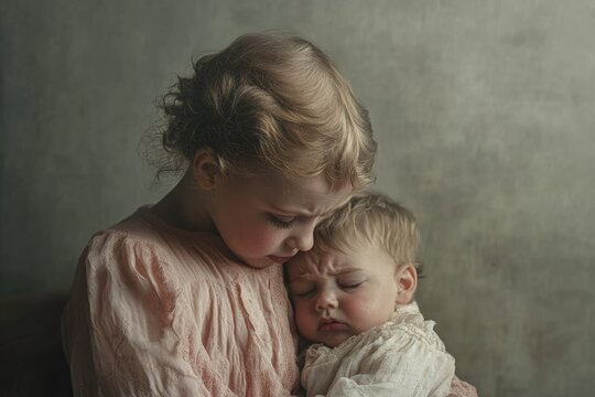A loving older sister gently embraces her troubled baby sibling. This poignant portrait captures youthful tenderness, innocence, and a profound sibling connection.