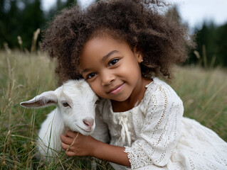 Young girl smiling next to a white goat in a meadow, representing innocence, harmony with nature, and symbolic connection to the Capricorn zodiac sign.
