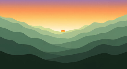 Serene sunset over layered green hills, a modern digital illustration concept of a peaceful mountain valley vista