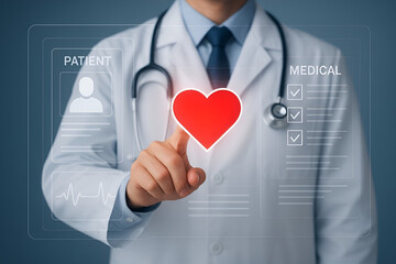 Doctor in White Coat Using Digital Health Interface with Patient Records, Checklists, and Red Heart Icon for Modern Healthcare Innovation.