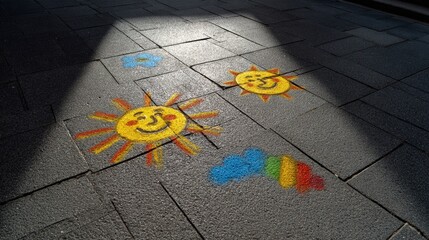 Colorful street art featuring smiling suns on urban pavement