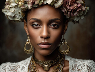 AI-generated portrait of a dark-skinned woman with bright headscarf and earrings, vibrant cultural expression and elegant modern identity.
