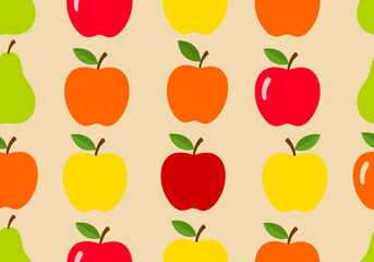 Cheerful and Vibrant Seamless Pattern Featuring Stylized Apples and Pears in an Array of Bright Colors, Ideal for Diverse Design Projects
