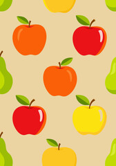 A charming and vibrant seamless pattern showcasing an assortment of colorful apples and fresh green pears, perfect for delightful design projects and healthy themes