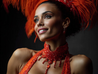 AI-generated portrait of a smiling woman in red feathers dress under studio light, symbolizing passion, celebration, and timeless elegance.
