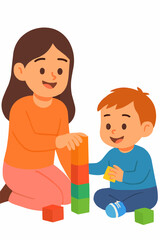 Sister Playing with Blocks Vector