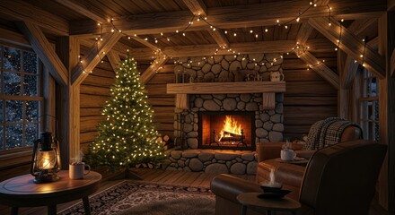 Warm and cozy Christmas Eve scene with lit tree, fireplace, and hot cocoa in rustic cabin interior