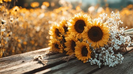Beautiful bouquet of sunflowers and babys breath on wooden surface with soft lighting