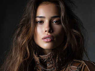 Close-up portrait of a beautiful woman with natural beauty, dark hair, and dark eyes