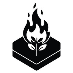 Burning plant on a geometric platform represents destruction and environmental issues