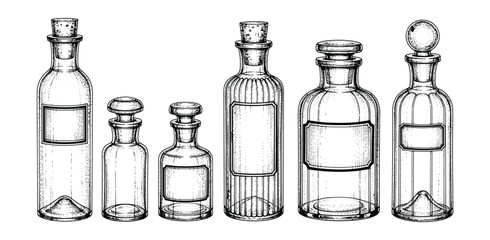 Set of Antique Glass Bottles with Corks