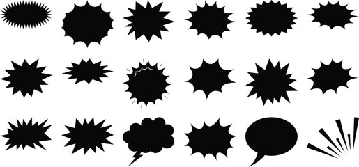 Collection of Black Starburst and Speech Bubble Shapes on White Background