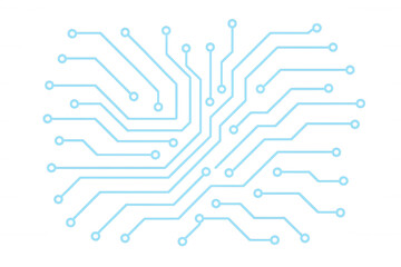 Circuit board pattern connecting nodes, showing digital data flow and electronic technology system lines on transparent background
