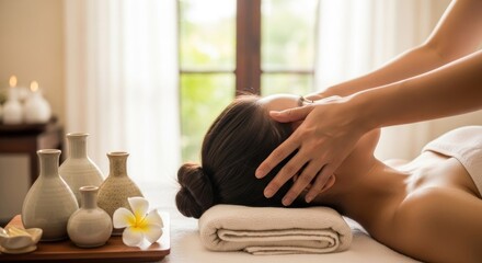 Woman receiving a relaxing head and neck massage at a tranquil spa.