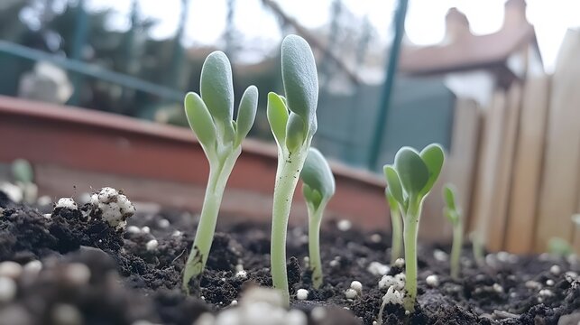 Close-up of green sprouts emerging from dark soil in early spring garden